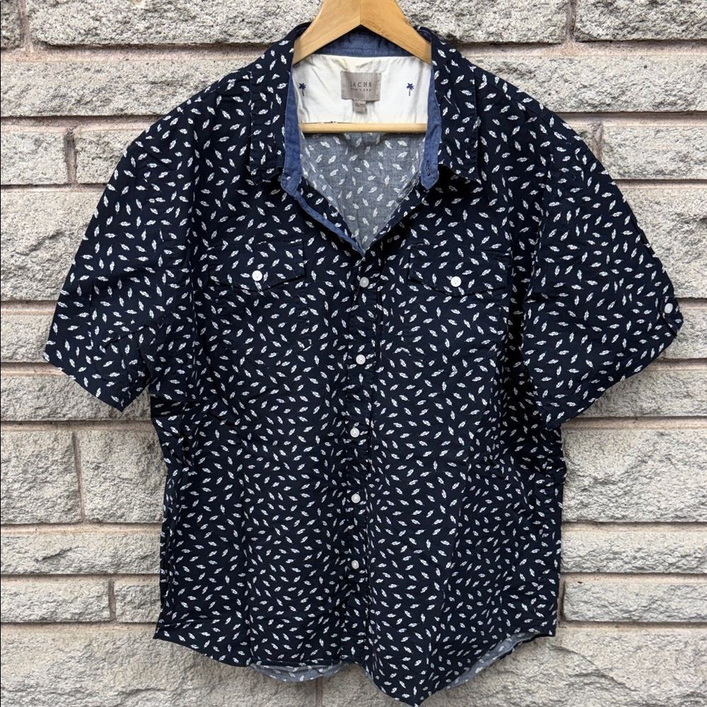 Jachs Navy Leaf Print Casual Shirt